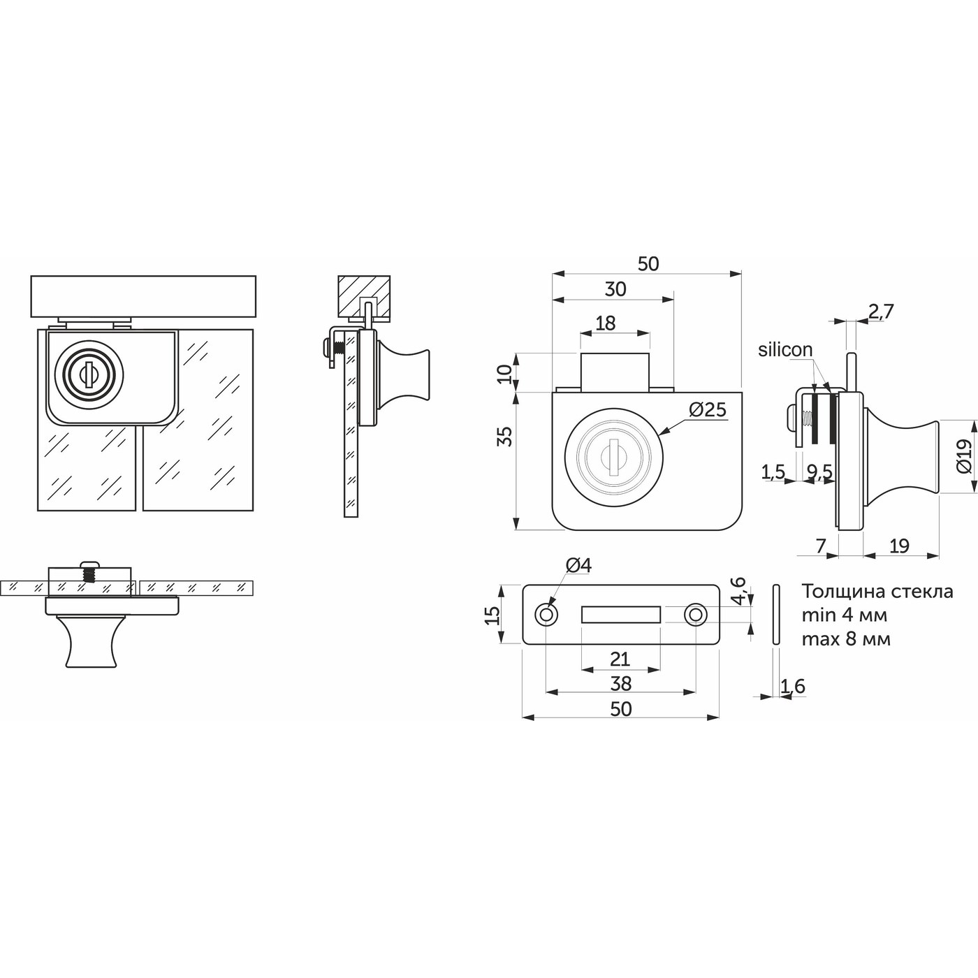 Замок мебельный 407 для 2-ух стеклянных дверей AKS 60916