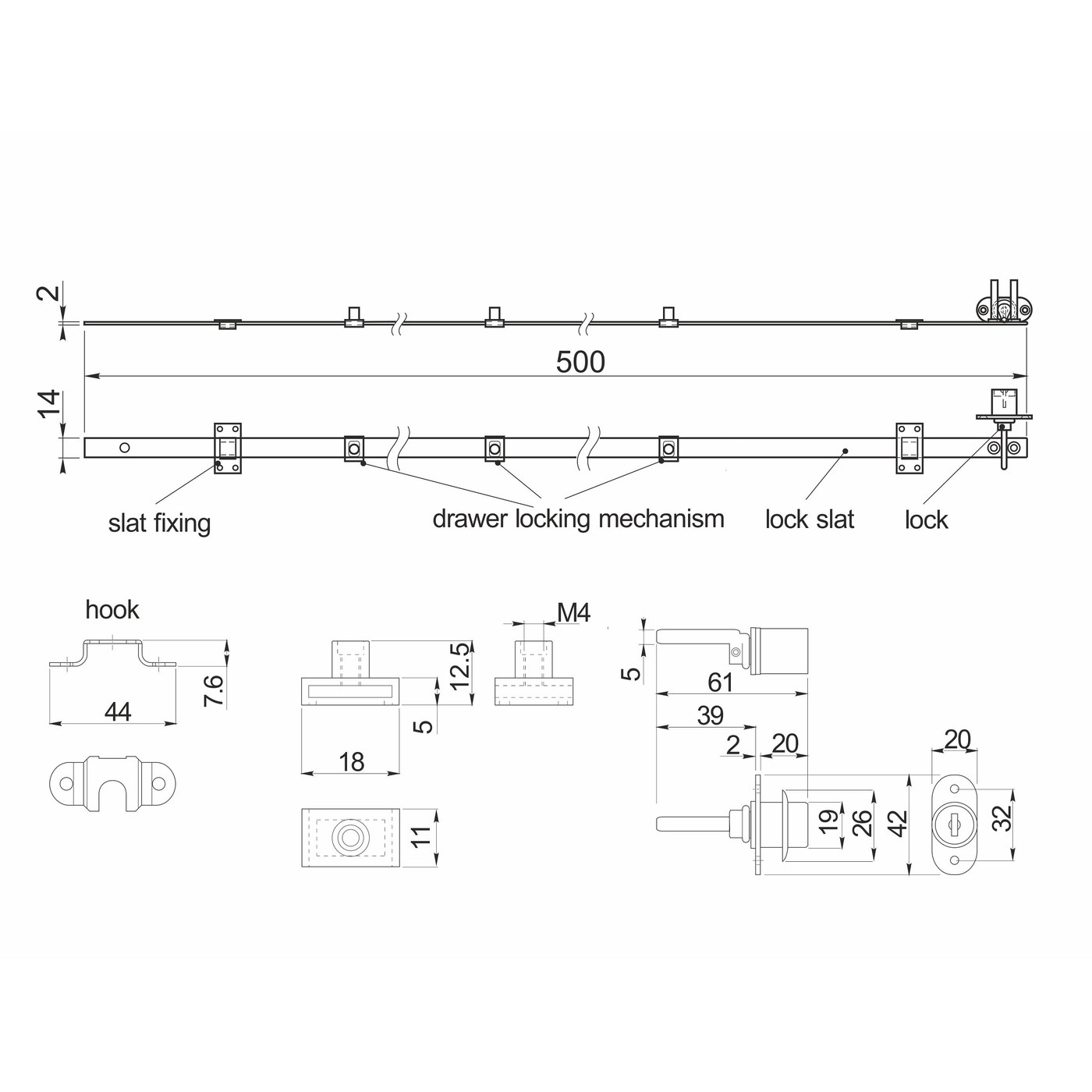 Замок для выдвижных 3-х ящиков механический центральный 288/500 AKS 47699
