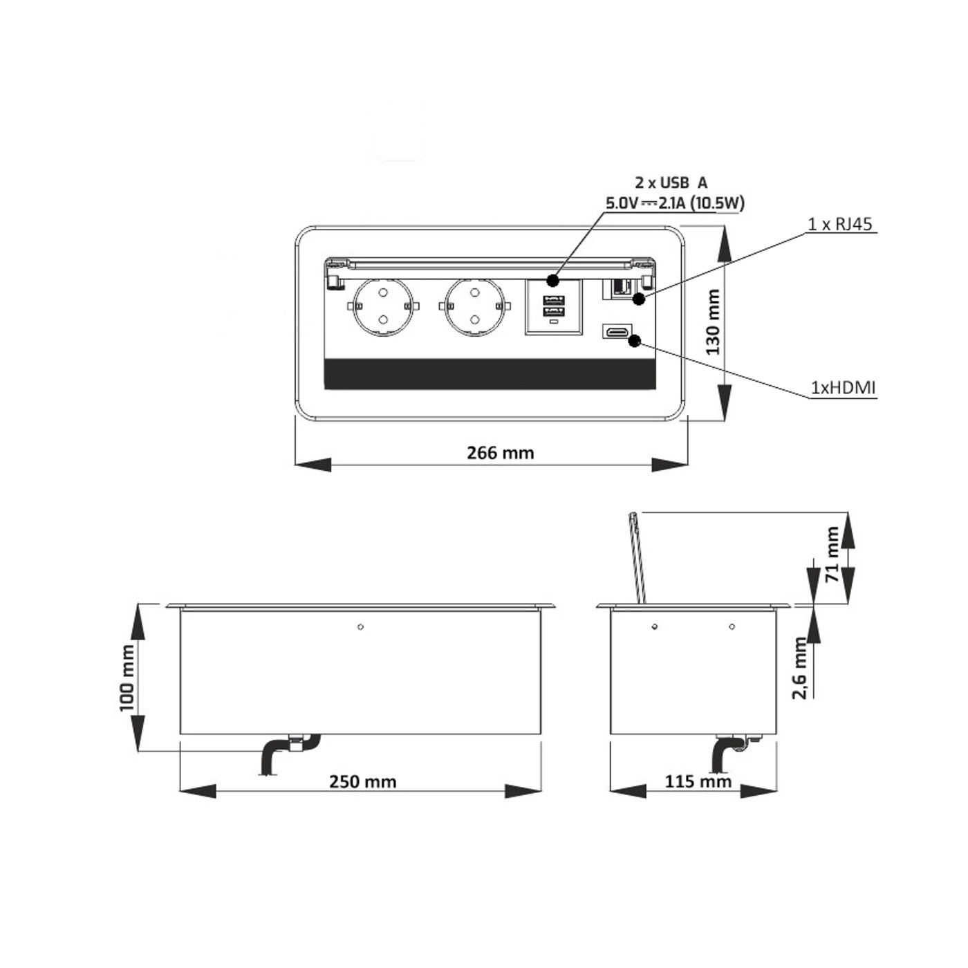 Выдвижной удлинитель AKS Atlas USB, 2 розетки, 2xUSB, HDMI, LAN, черный AKS 78316