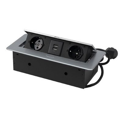 Выдвижной удлинитель AKS NOVA USB, 2 розетки, 2xUSB, алюминий, AKS 78889