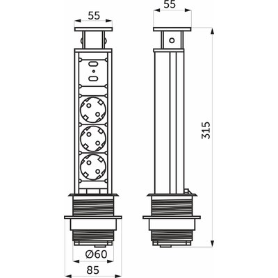 Выдвижной удлинитель Vulcan USB, 60 мм 3 розетки 2 USB, пластик, цвет алюминий AKS 78894