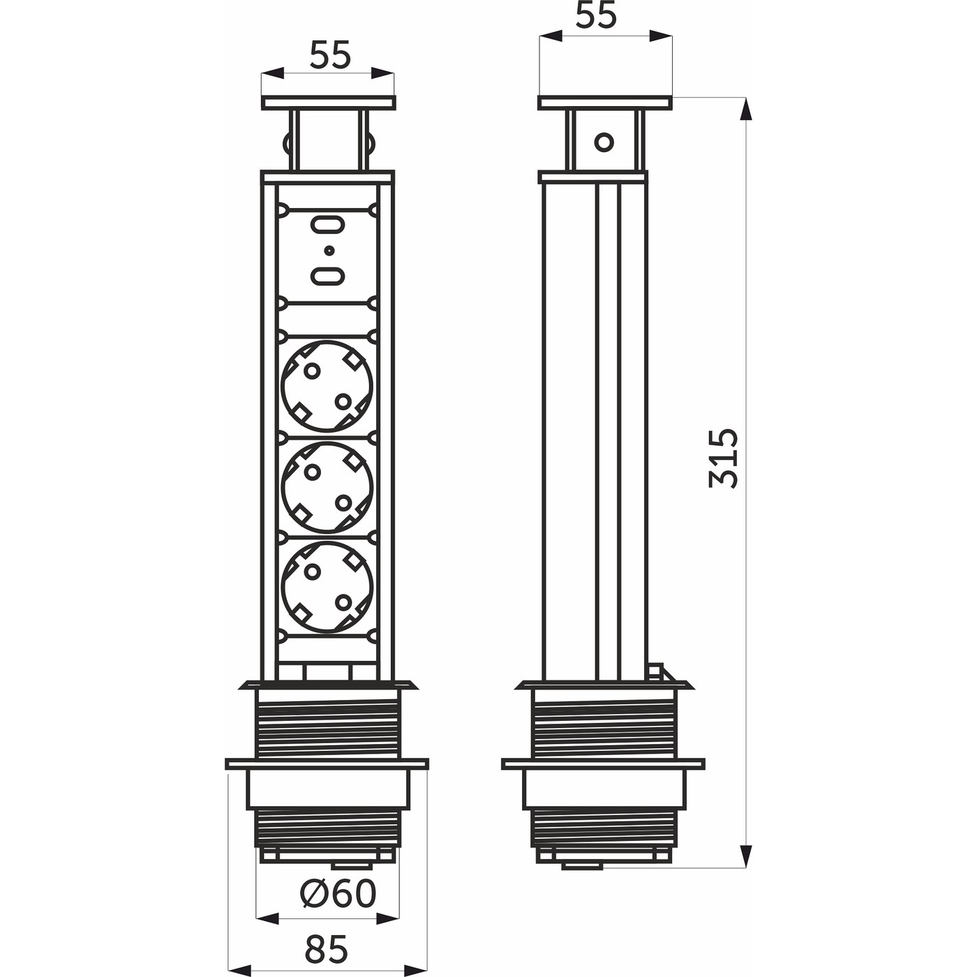 Выдвижной удлинитель Vulcan USB, 60 мм 3 розетки 2 USB, пластик, цвет алюминий AKS 78894