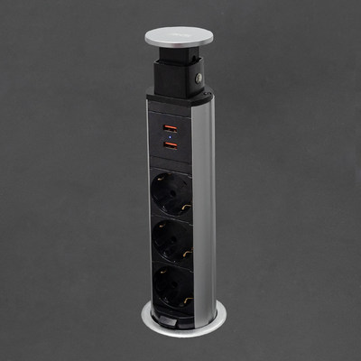 Выдвижной удлинитель Vulcan USB, 60 мм 3 розетки 2 USB, пластик, цвет алюминий AKS 78894