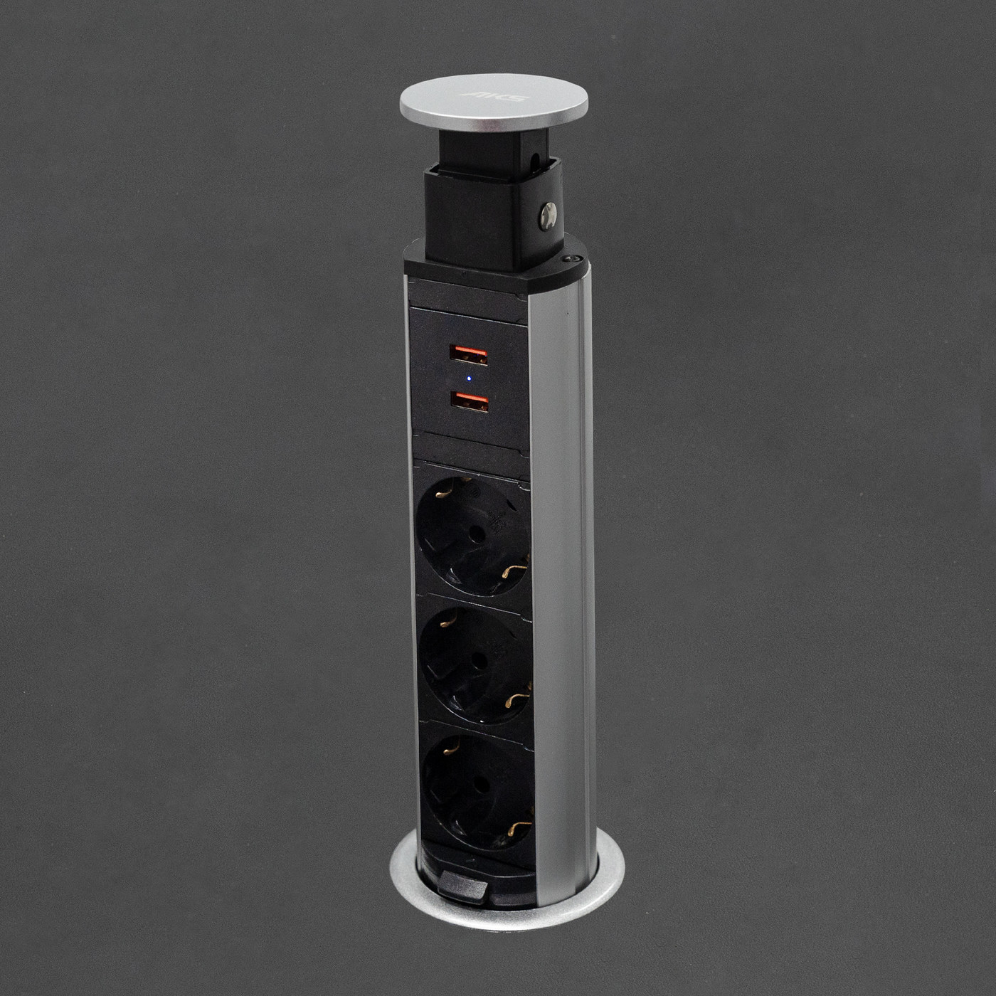 Выдвижной удлинитель Vulcan USB, 60 мм 3 розетки 2 USB, пластик, цвет алюминий AKS 78894