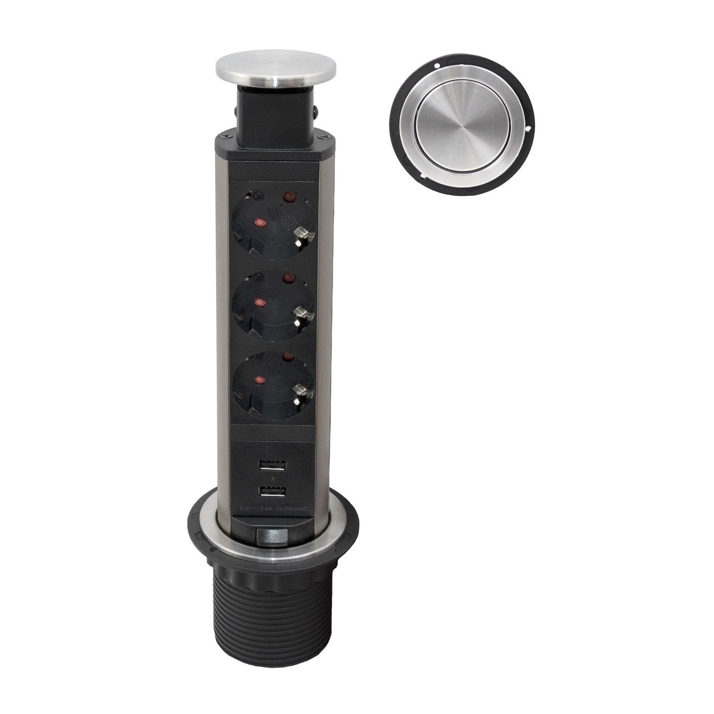 Выдвижной удлинитель Vulcan USB, 60 мм 3 розетки 2 USB, пластик, цвет алюминий AKS 78894