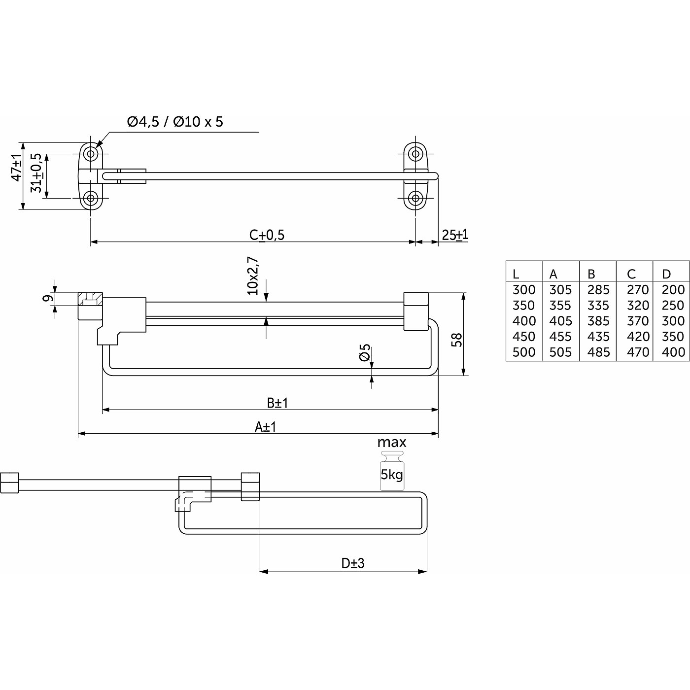 Вешалка выдвижная L300мм, черная AKS 68265