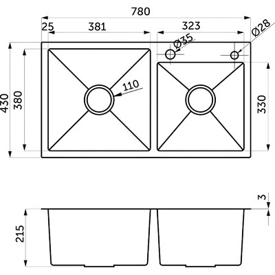 Мойка двойная 3,2 мм 780*430 мм Сатин никель (полный комплект) AKS 93980