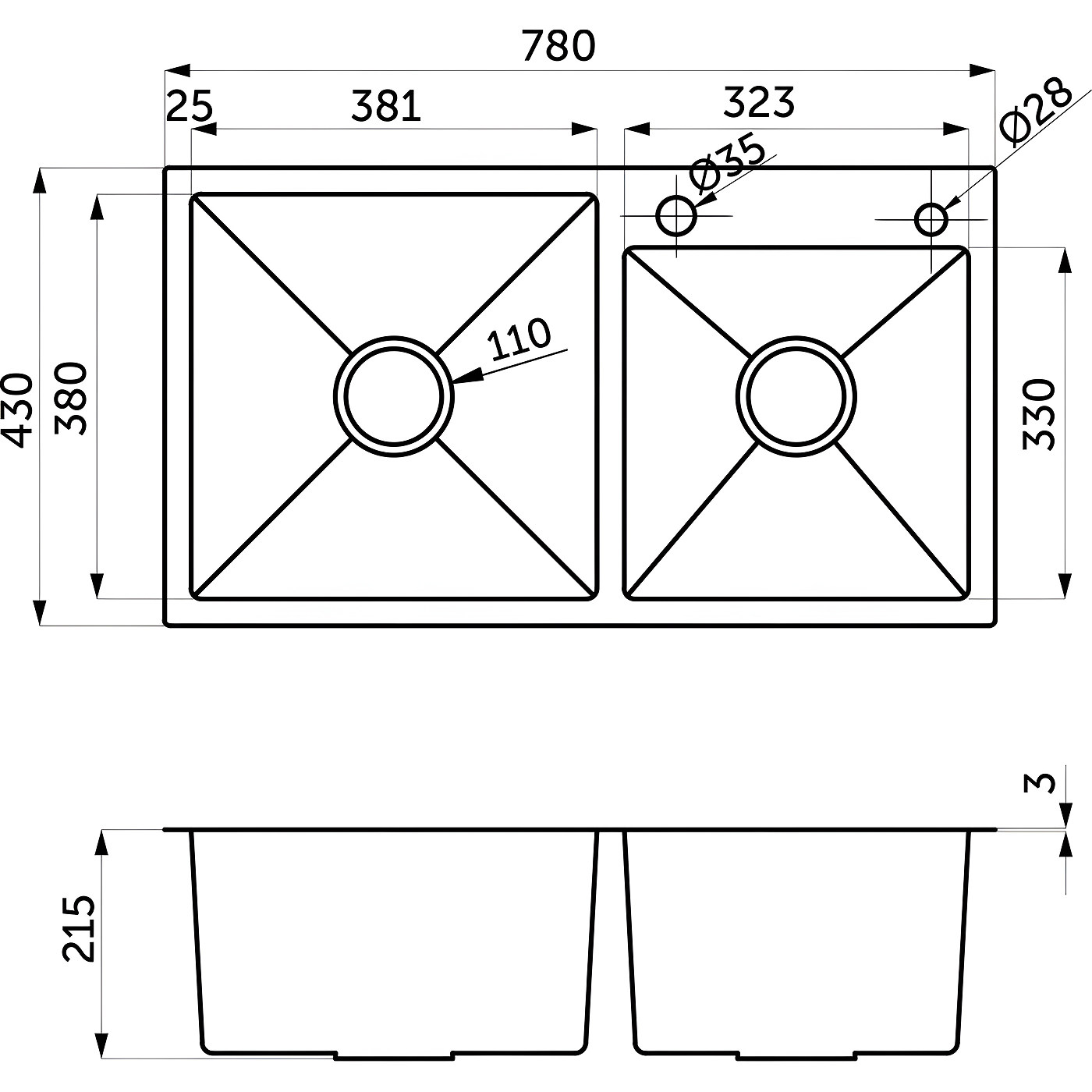 Мойка двойная 3,2 мм 780*430 мм Сатин никель (полный комплект) AKS 93980
