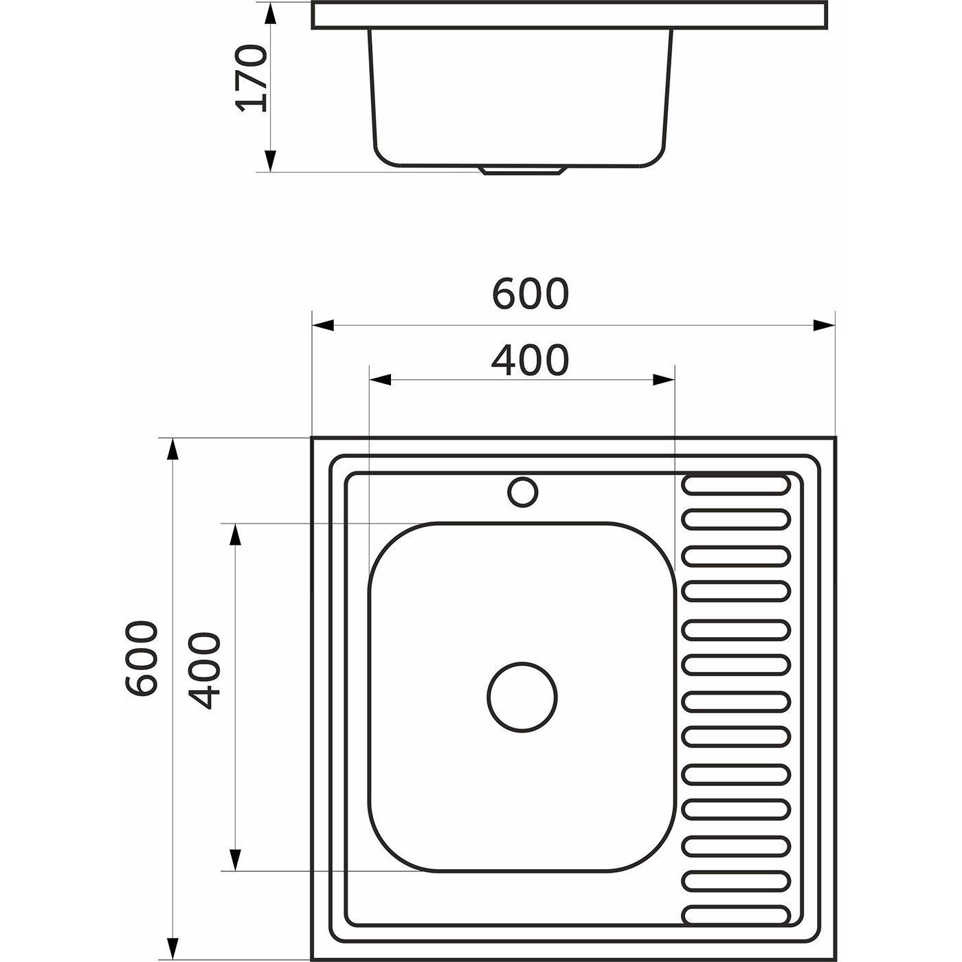 Мойка н/сталь, квадр. одночаш., 600*600мм, полир хром, мойка слева, накладн, AKS (0,6мм) 42598