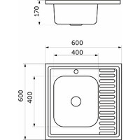 Мойка н/сталь, квадр. одночаш., 600*600мм, полир хром, мойка слева, накладн, AKS (0,6мм) 42598