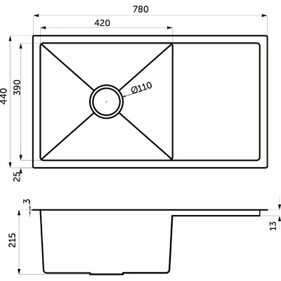 Мойка н/сталь, прямоуг. одноч., 780*440мм, мат сатин, мойка слева, с крылом (3,2мм) AKS 106644