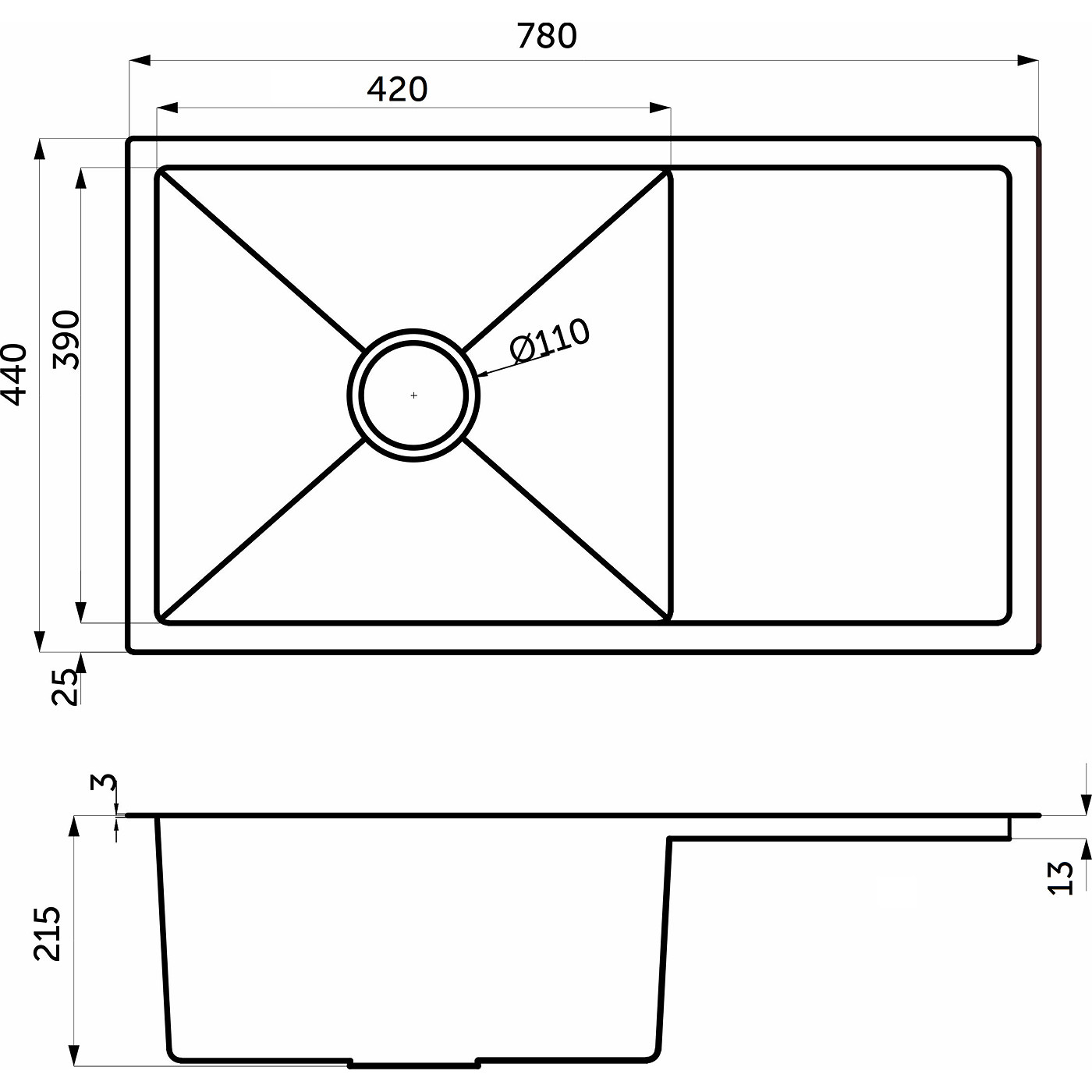 Мойка н/сталь, прямоуг. одноч., 780*440мм, мат сатин, мойка слева, с крылом (3,2мм) AKS 106644