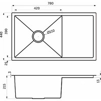 Мойка н/сталь, прямоуг. одноч., 780*440мм, мат сатин, мойка слева, с крылом (3,2мм) AKS 106644