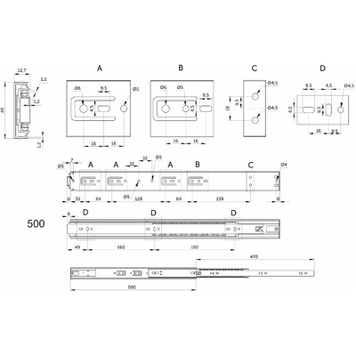 Направляющая шариковая h45 Push-to-open L-500, AKS PRIME 115629