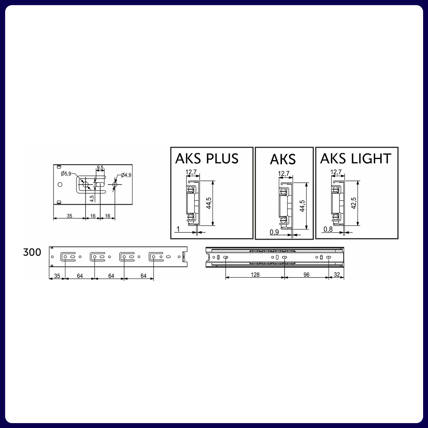 Направляющая шариковая h45 L-300 (аналог 22996) AKS А 22295 (альтернатива 114822)