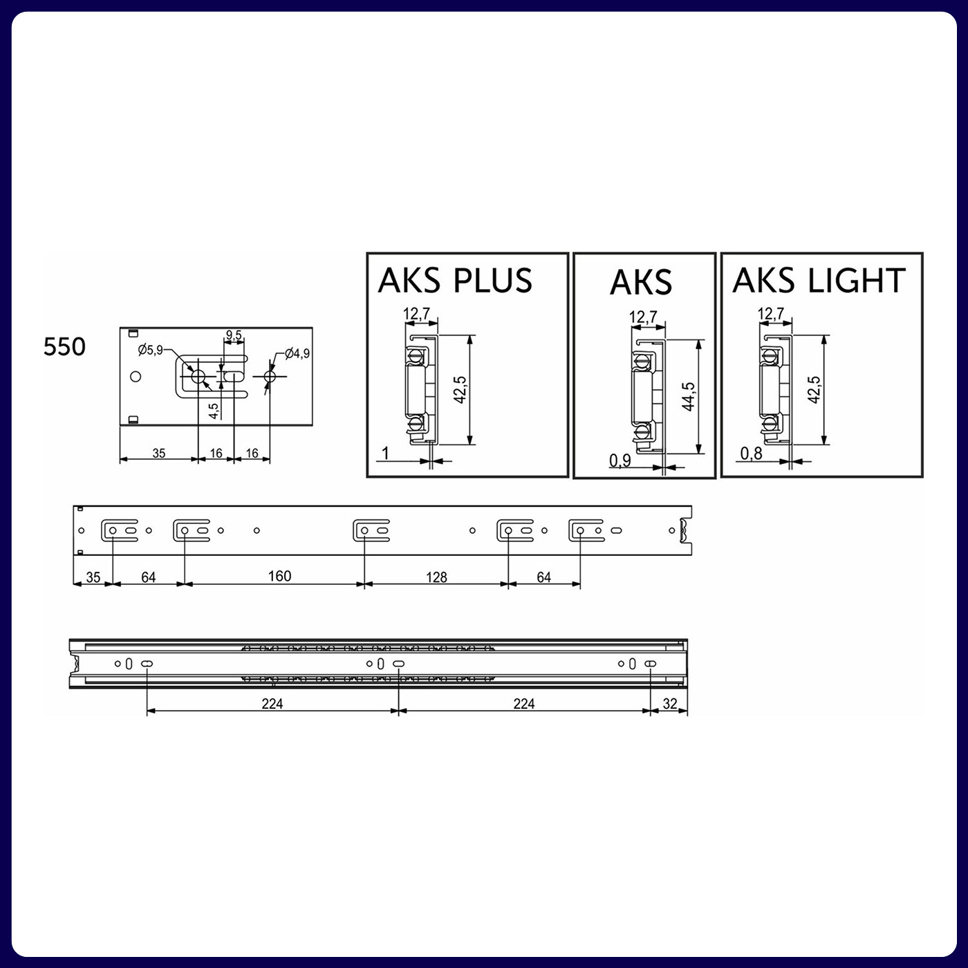 Направляющая шариковая h45 L-550 (аналог 23002) AKS А 22013
