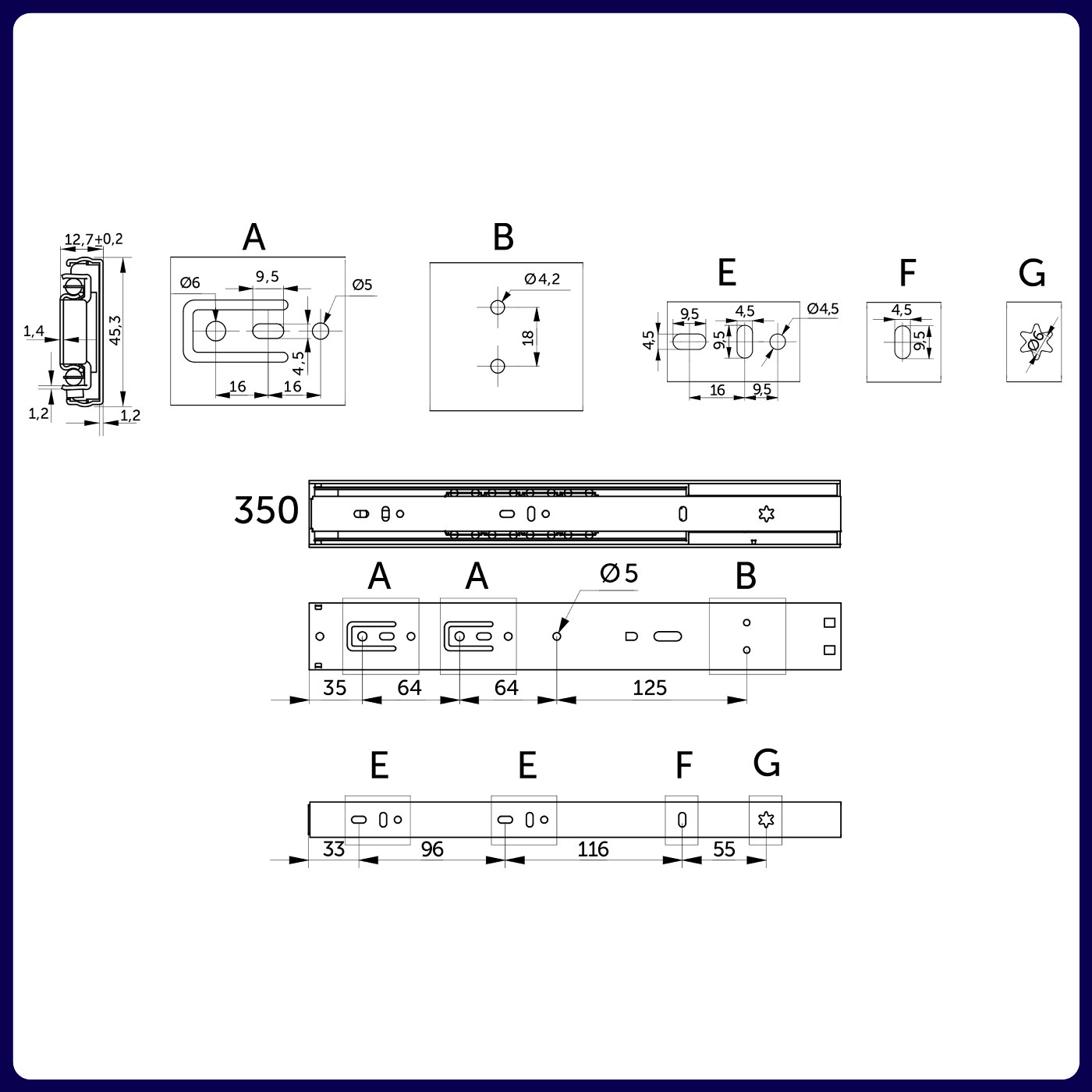 Направляющая шариковая h45 L-350 с доводчиком AKS PLUS 89852 (нов.код 114794)