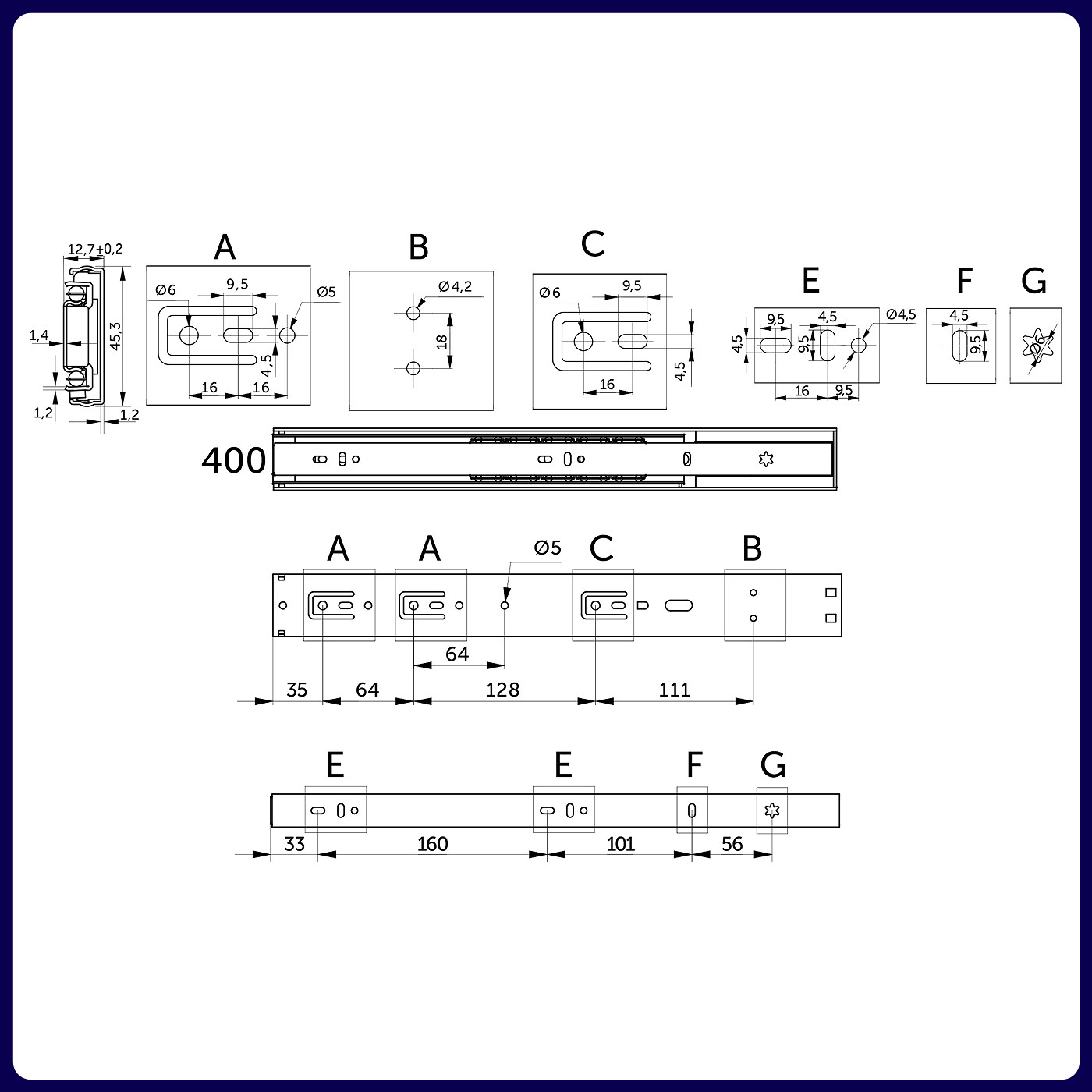 Направляющая шариковая h45 L-400 с доводчиком AKS PRIME 114795 (старый код 89853)