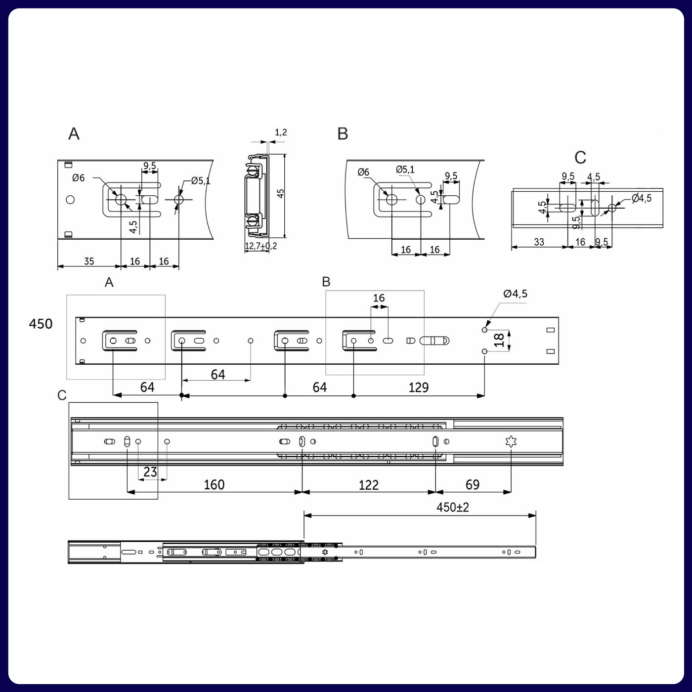 Направляющая шариковая h45 L-450 с доводч. AKS PLUS 89854 (новый код 114796)