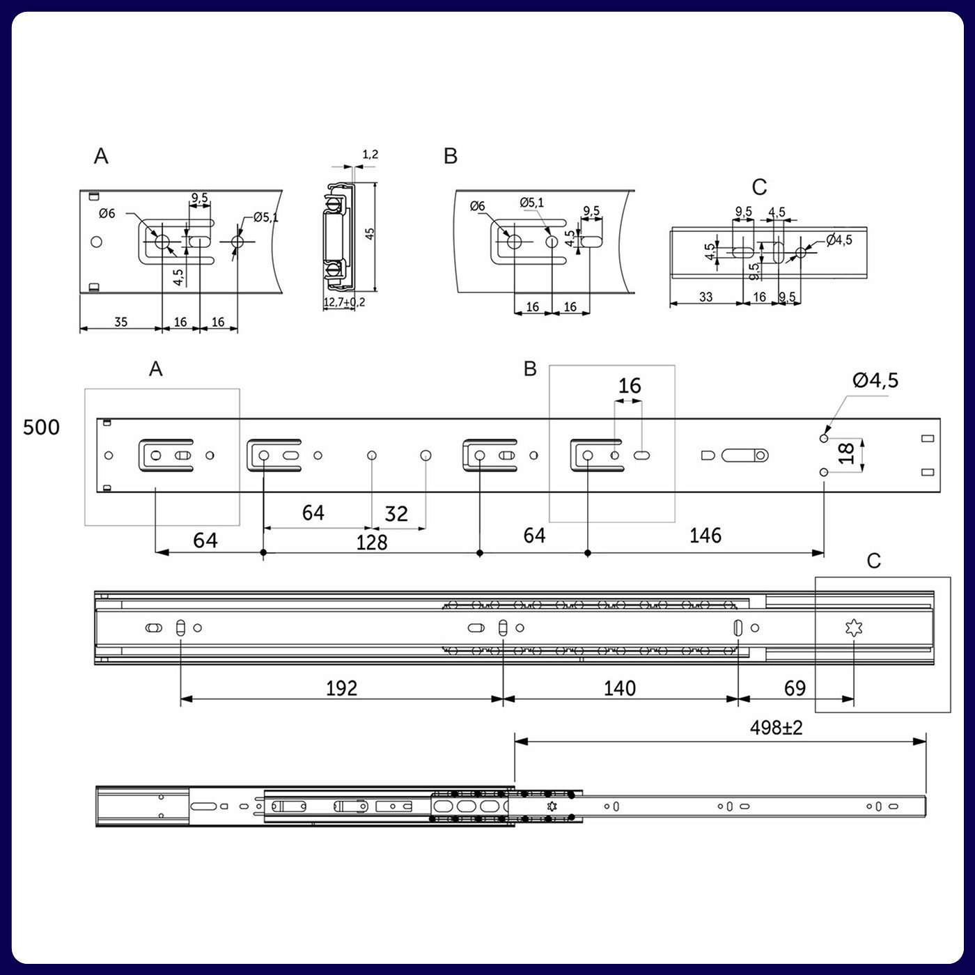 Направляющая шариковая h45 L-500 с доводчиком SOFT CLOSE PRIME by AKS 114797 (старый код 89855)