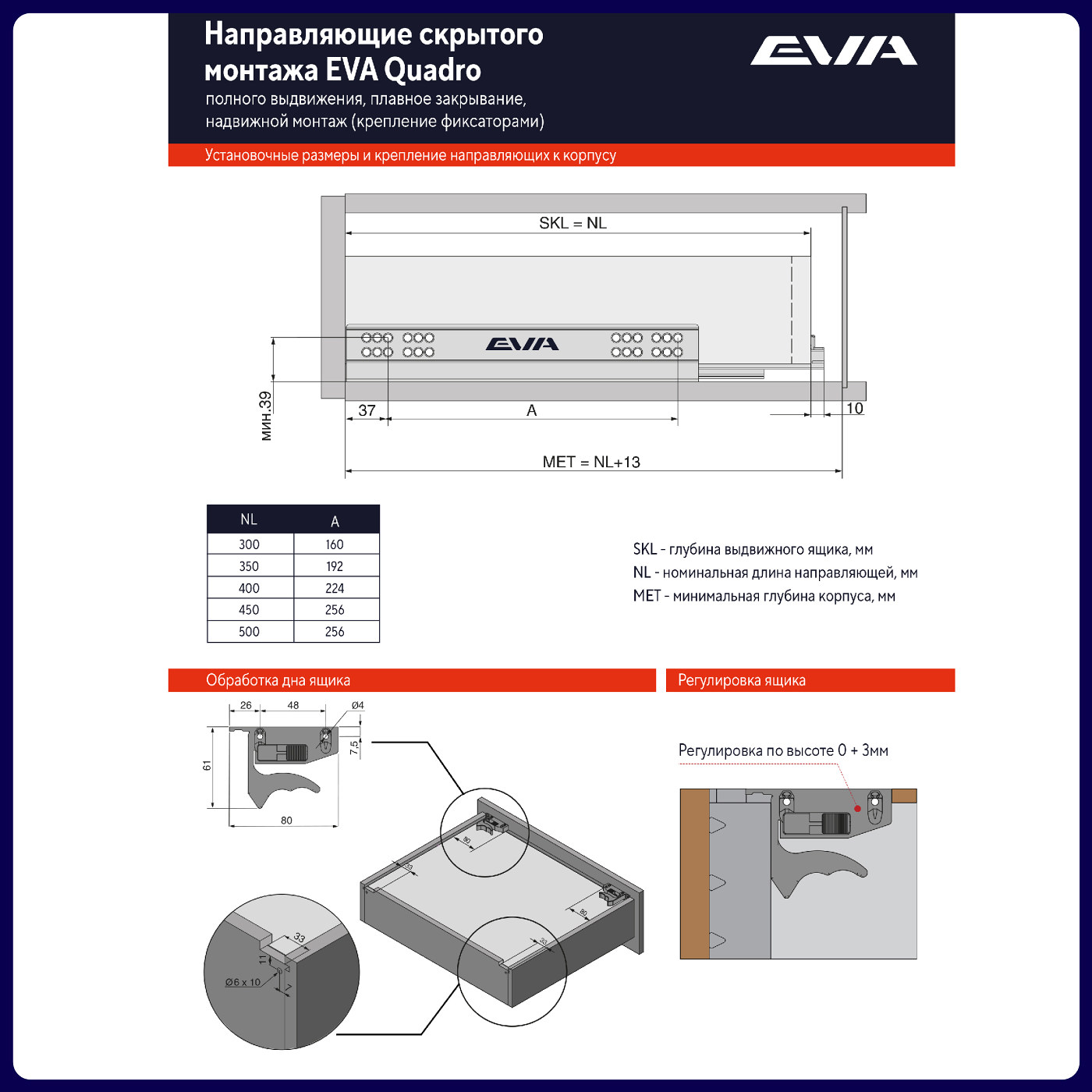 Направляющие скрыт.монтажа EVA Quadro полн. выдвижения с дов. с фиксатором 450мм (уп10 шт) 3395