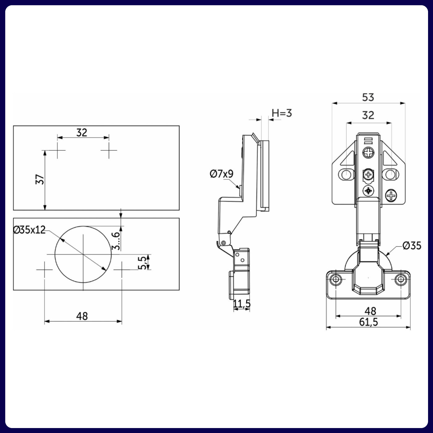 Петля вкладная 07 H3 с 3D-регулировкой, с доводчиком, с накладками, clipon AKS PLUS 91835