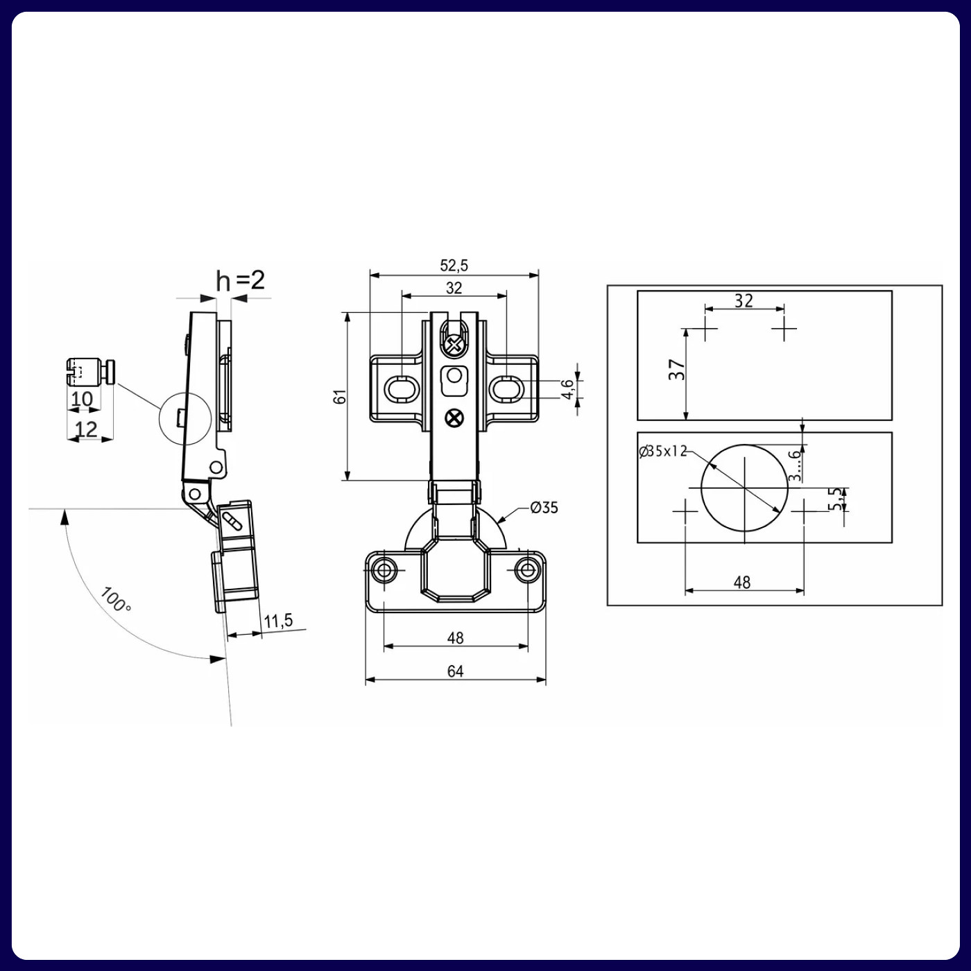 Петля накладная 09, 48mm  h2  55гр AKS  77794 (250)