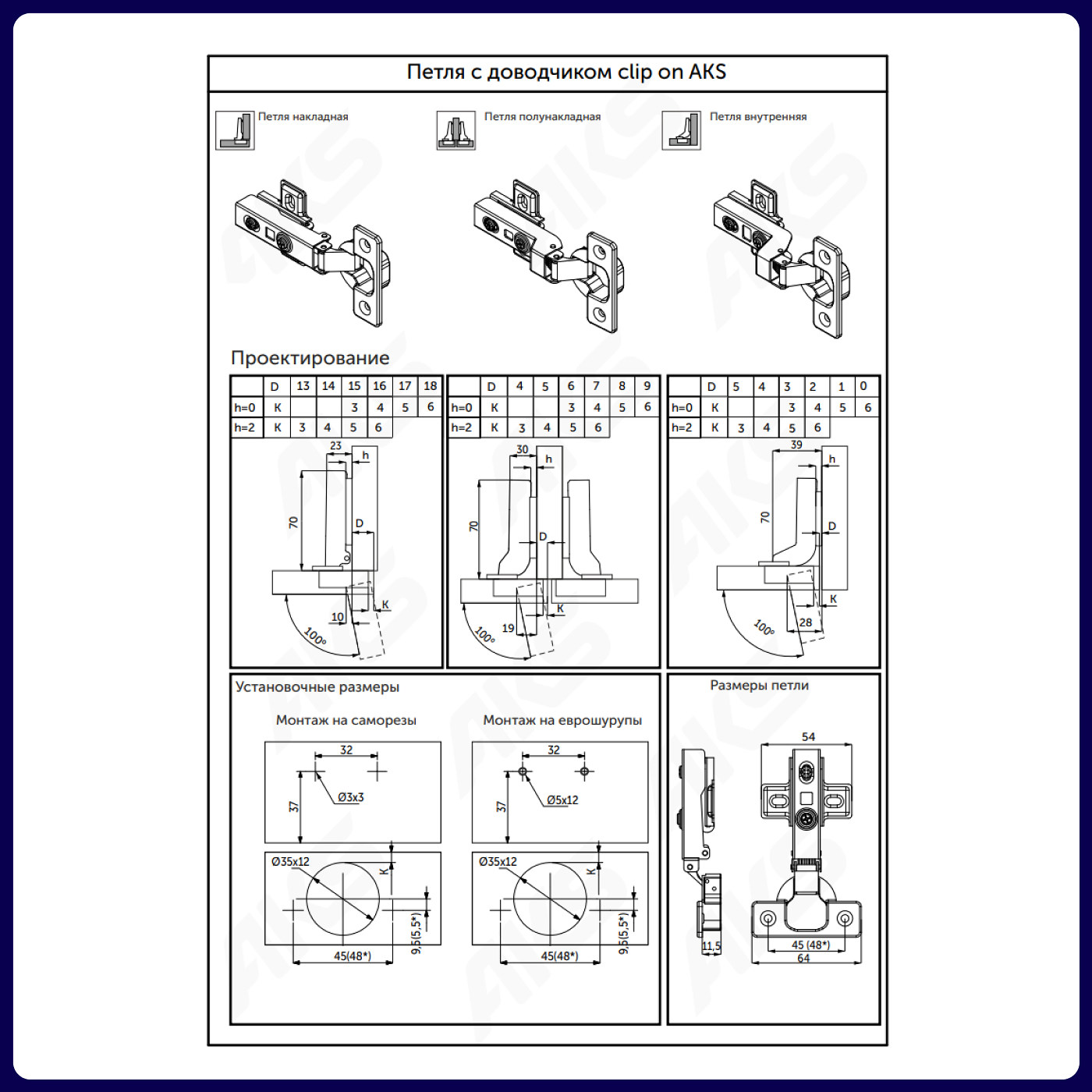 Петля накладная 09, с доводч., заглушки, шурупы в комп., clipon AKS 115738 (старый код 11152)