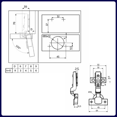 Петля полунакладная 08 без доводчика 45мм планка h0 clip-on без пружины б/еврошурупа AKS   81117