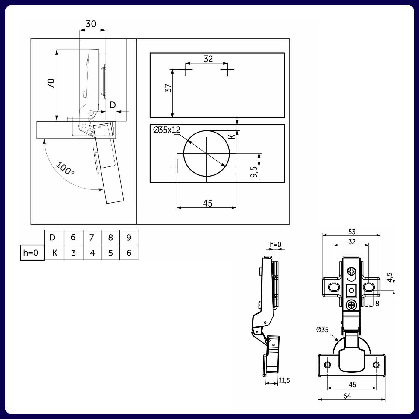 Петля полунакладная 08 без доводчика 45мм планка h0 clip-on без пружины б/еврошурупа AKS   81117