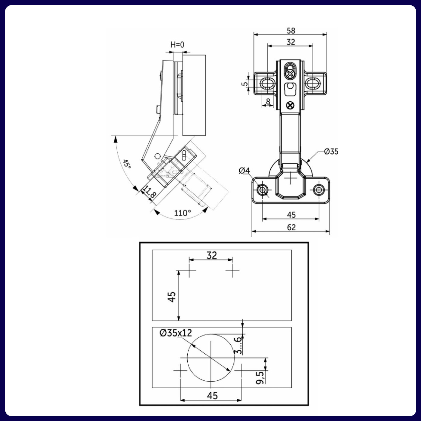 Петля угловая 45°с доводчиком +clipon, AKS  26841