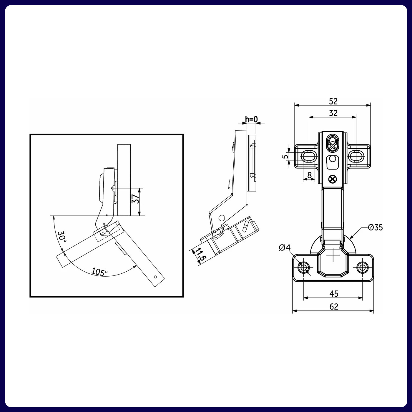 Петля угловая 30° с доводчиком h0 45мм clip-on AKS 65654 (старый код 81066)