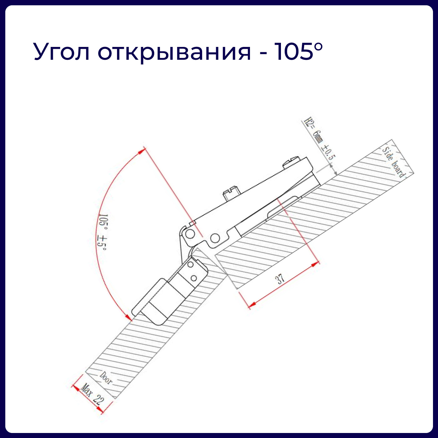 Петля с монт. планкой EVA Industrial, накладная, без дов., slide on, 90/105*, 48мм (уп250 шт) 3988