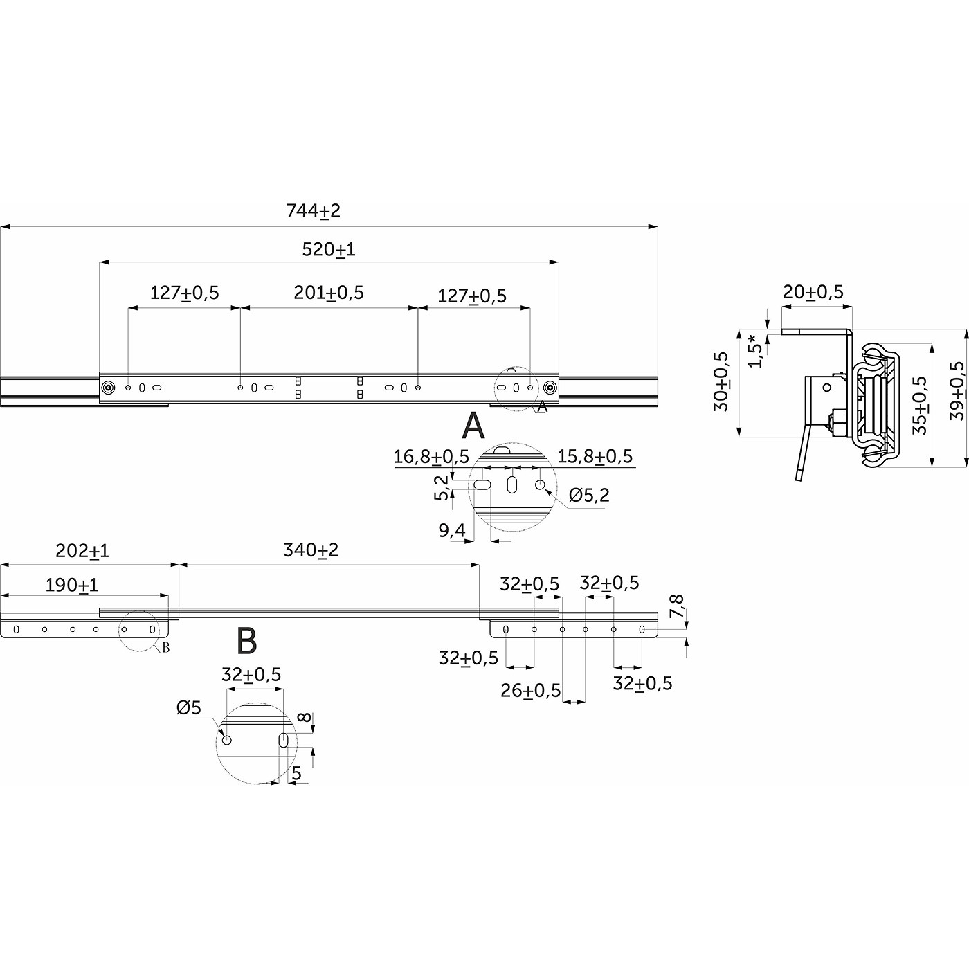 Механизм для раздвижных столов внешний синхронный со стопором L-520 мм AKS 114320