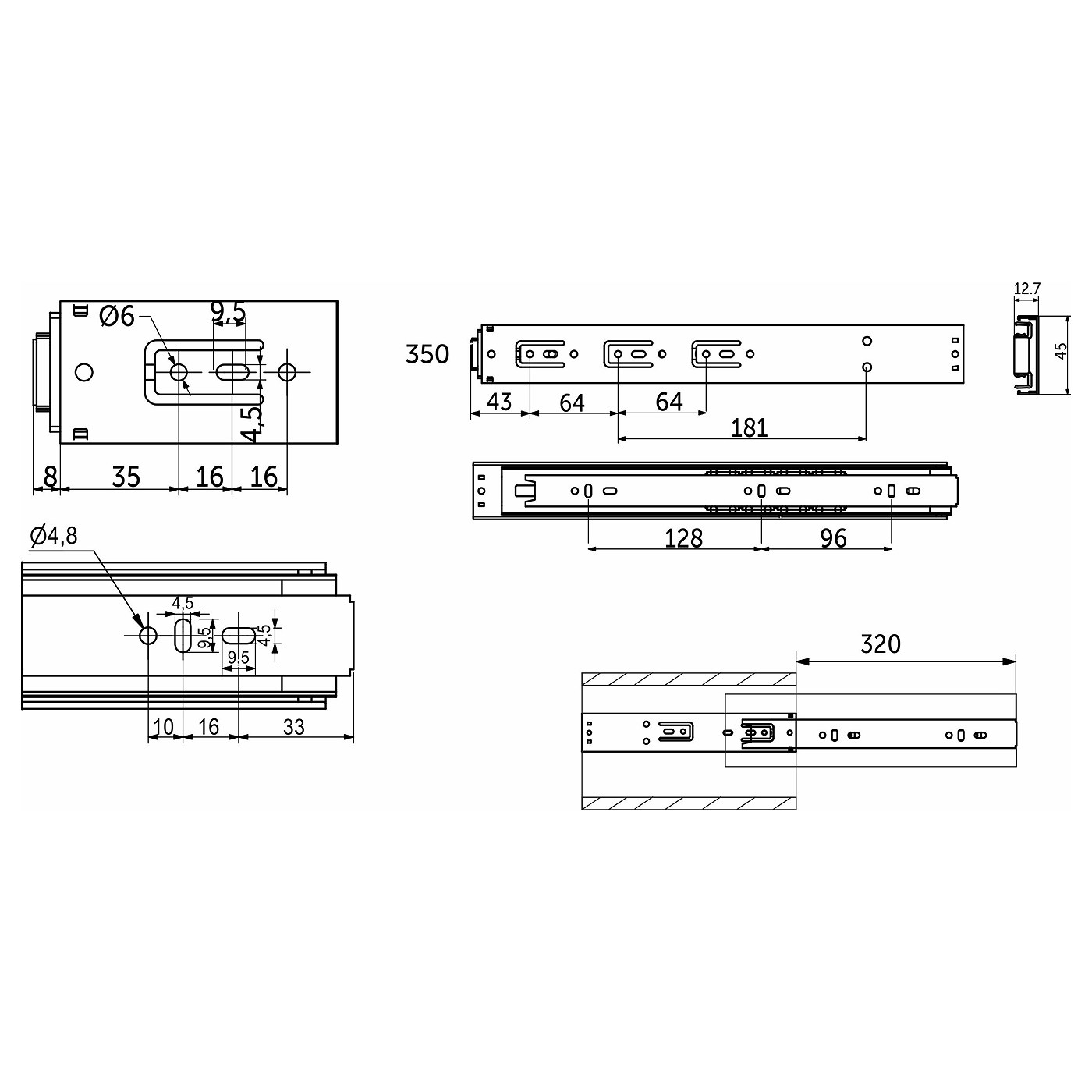 Направляющая шариковая h45 Push-to-open L-350 AKS PLUS 39197 (нов.код 114789)