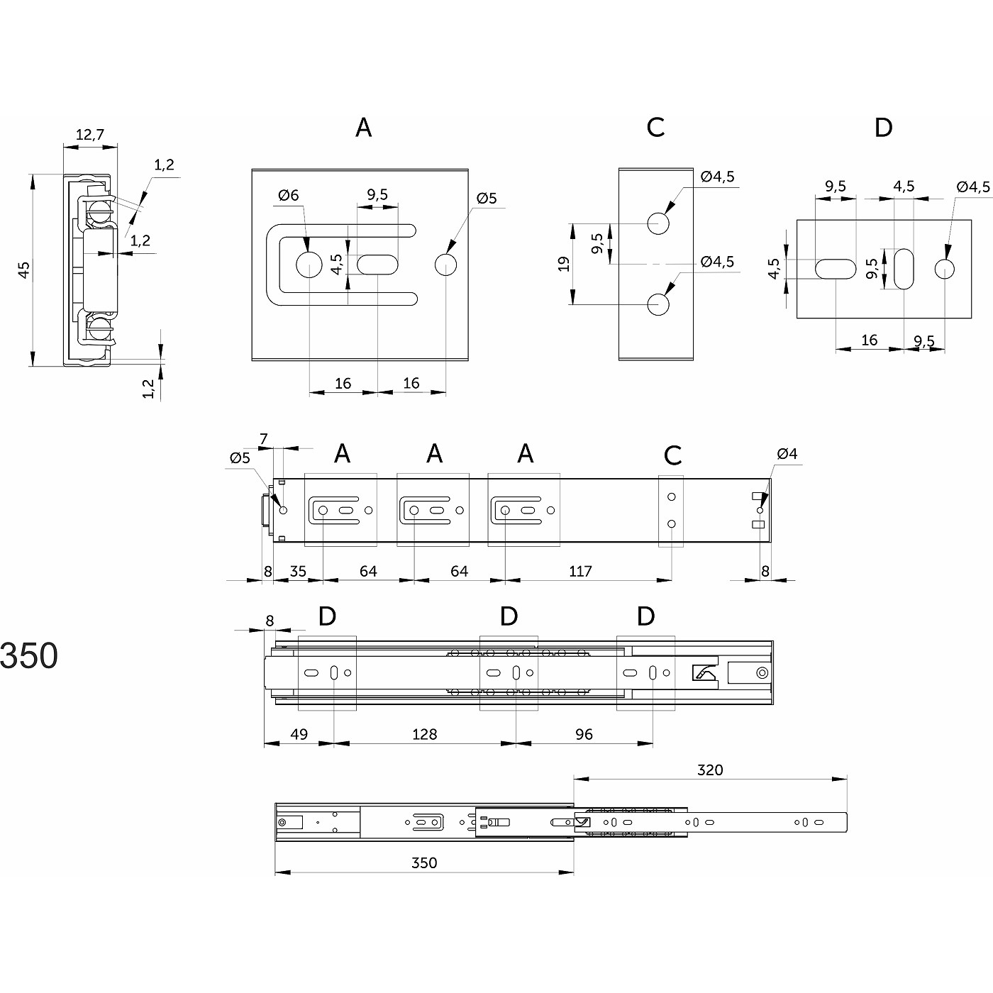 Направляющая шариковая h45 Push-to-open A L-350 PRIME by AKS 114789 (стар.код 39197)