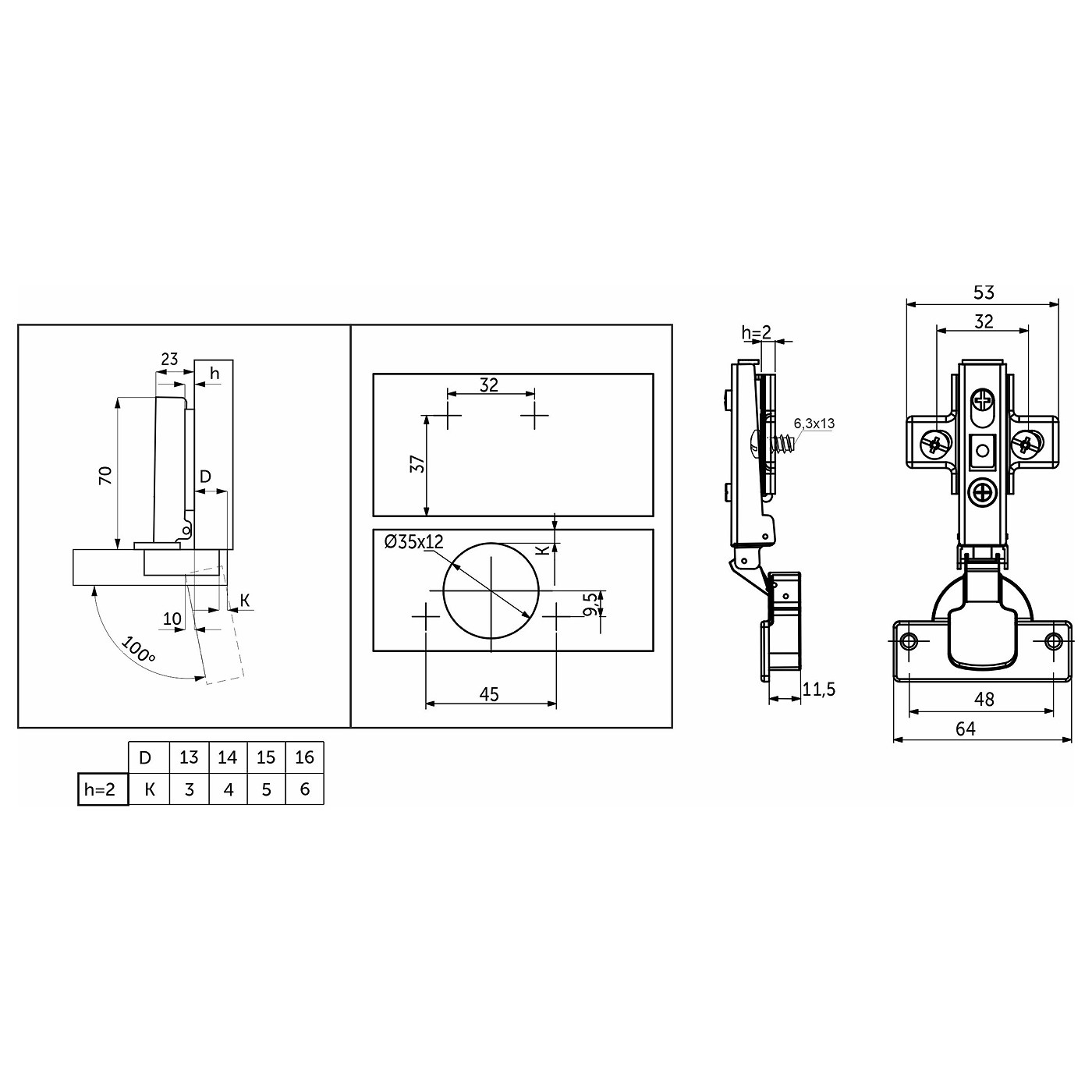 Петля накладная с доводчиком 48мм h2 clip-on AKS (еврошурупы) AKS 108699