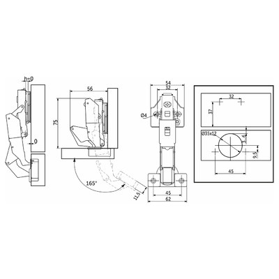 Петля накладная 09 с довод 165гр-сов 45мм h0 3D 0-е вхождение clip-on (упак.2 шт.) AKS 112658 (стар.код 91996)