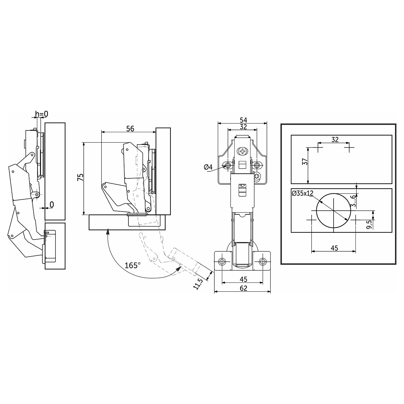 Петля накладная 09 с довод 165гр-сов 45мм h0 3D 0-е вхождение clip-on (упак.2 шт.) AKS 112658 (стар.код 91996)
