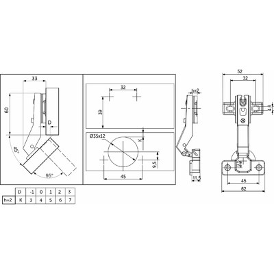 Петля угловая 45° с пружиной 45мм h2 slide-on AKS 123340 (стар.код 11256)