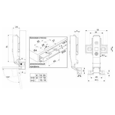 Петля д/алюм.рамки Z-1 накладная с доводчиком h2 clip-on PRIME by AKS (саморезы, заглушки) (упак.  2 шт.) 110751