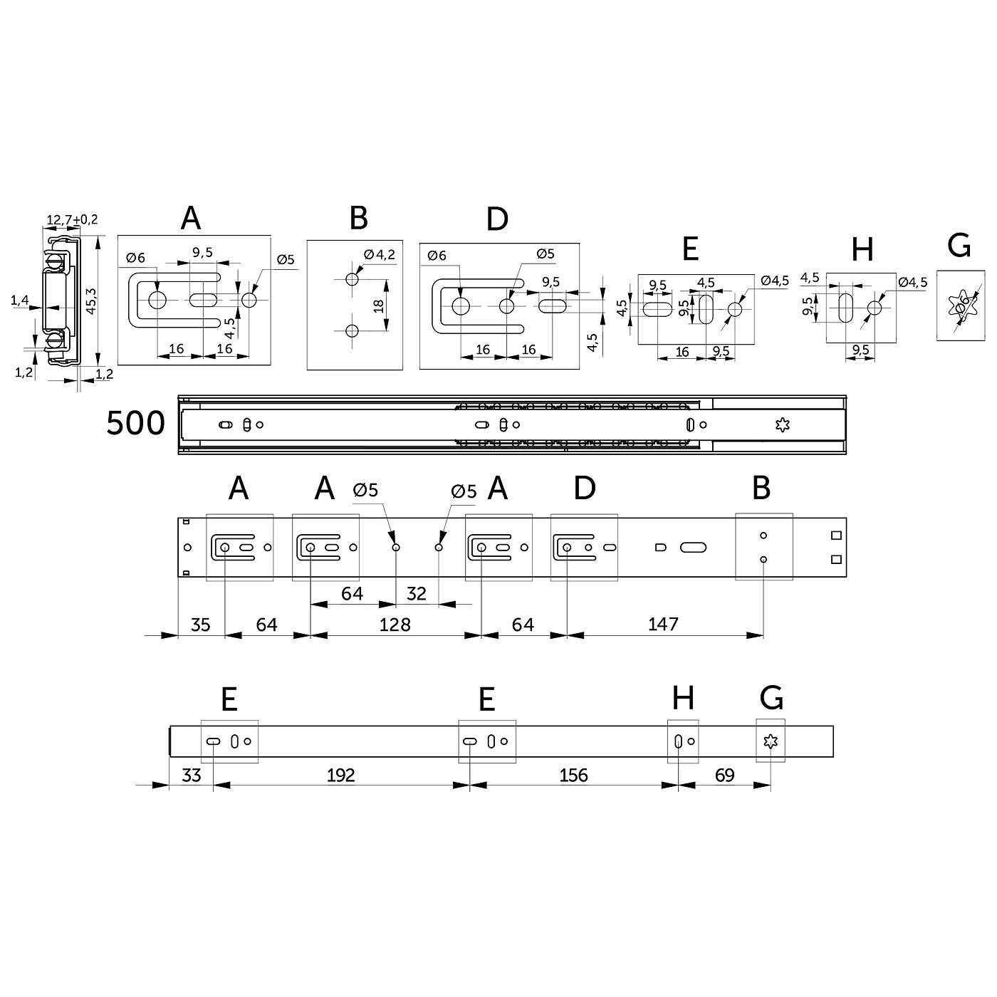 Направляющая шариковая  h45 L-500 с доводчиком плавн.зак. черный PRIME by AKS 119777
