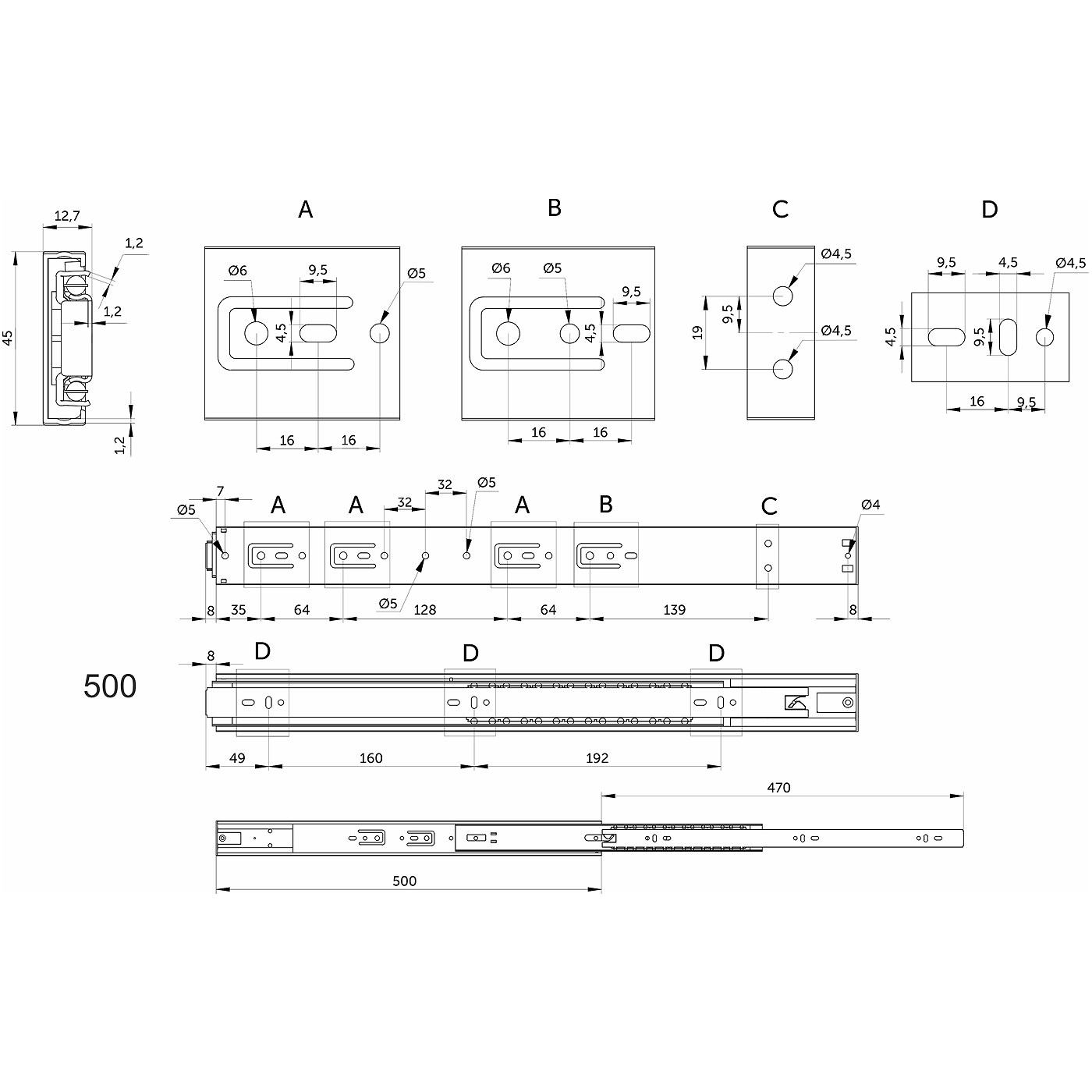 Направляющая шариковая h45 Push-to-open L-500, AKS PRIME 115629