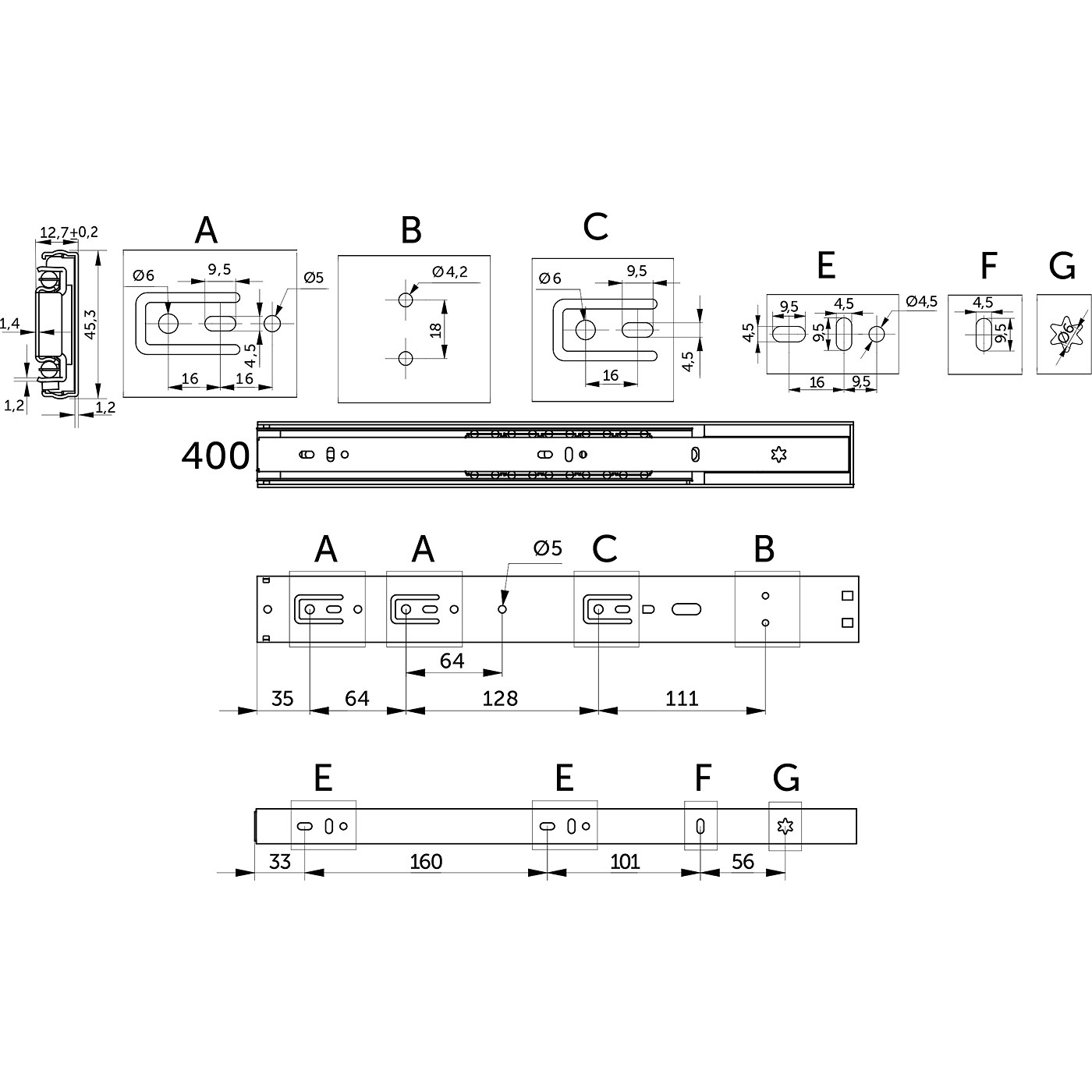 Направляющая шариковая  h45 L-400 с доводчиком плавн.зак. черный PRIME by AKS 119774