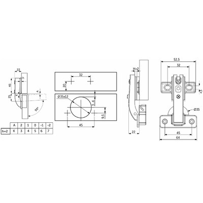 Петля под фальшпанель 90° с пружиной 45мм h2 slide-on AKS 123332 (стар.код 23752)