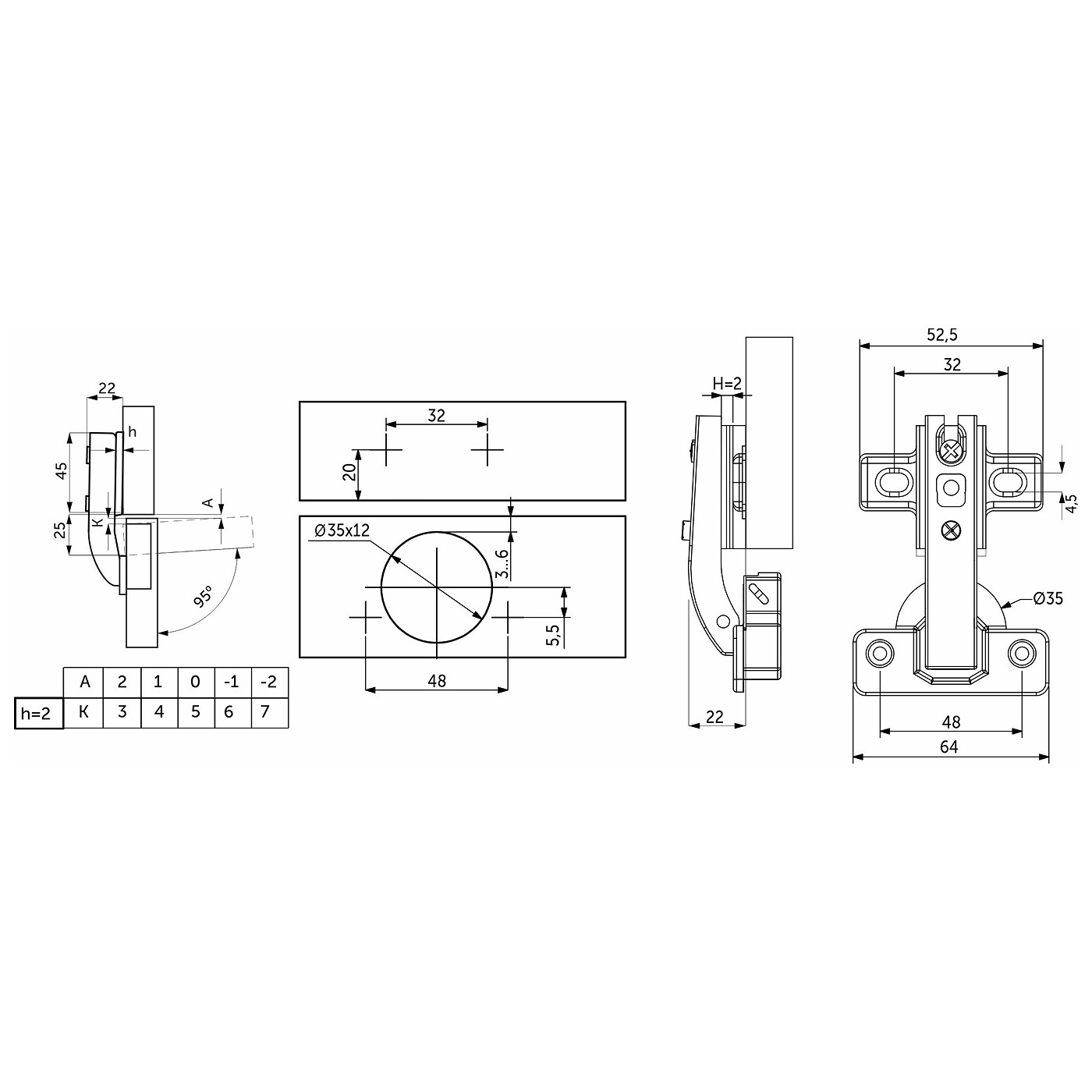 Петля под фальшпанель 90° с пружиной 48мм h2 slide-on AKS 123335 (стар.код 65657)