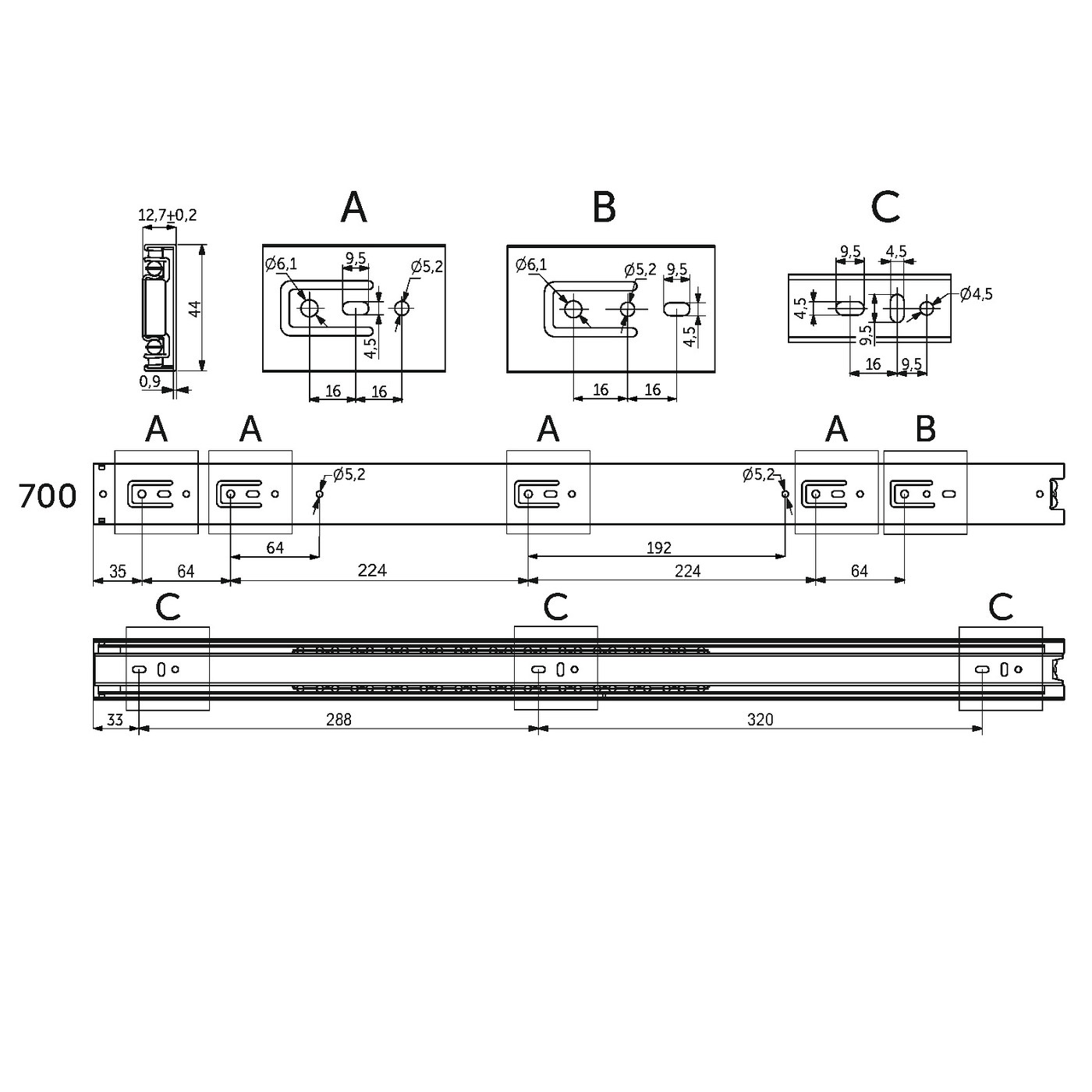 Направляющая шариковая h45 L-700 AKS A 22298