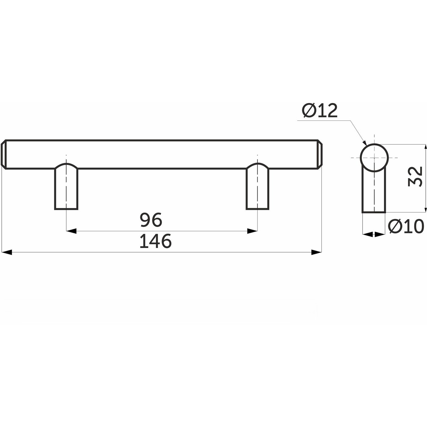 Ручка-рейлинг d12мм 96/146, черный матовый AKS 89072