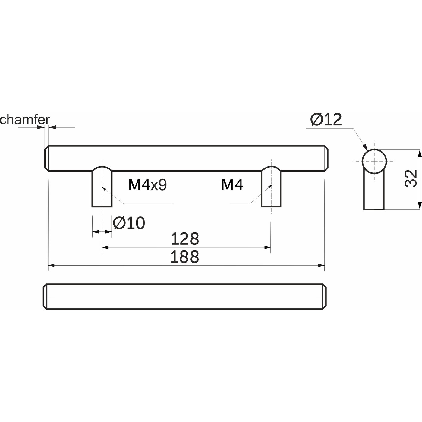 Ручка-рейлинг d12мм 128/188, сатин AKS 15865